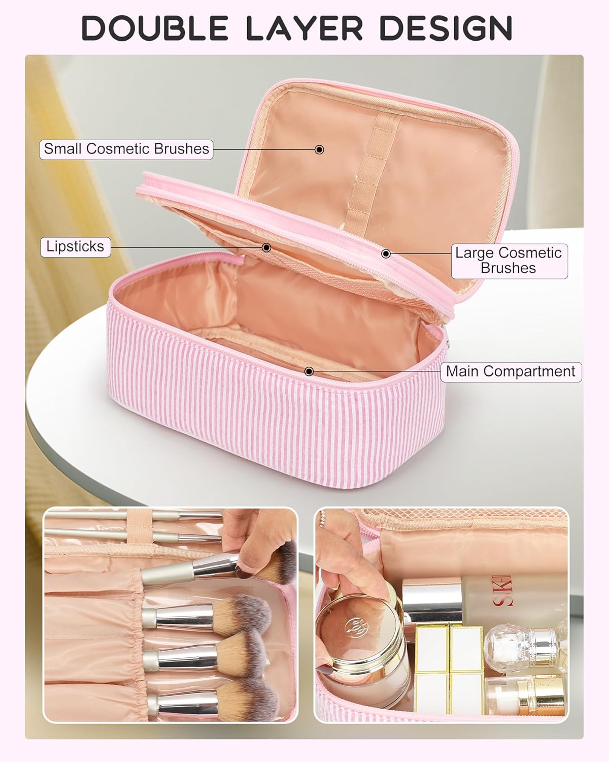 Travel Makeup Bag, Small Floral Cosmetic Bag with Makeup Brush Compartment, Portable Makeup Pouch for Women, Double Layer Makeup Organizer Bag Cute Toiletry Bag