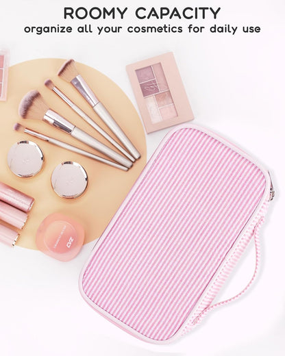 Travel Makeup Bag, Small Floral Cosmetic Bag with Makeup Brush Compartment, Portable Makeup Pouch for Women, Double Layer Makeup Organizer Bag Cute Toiletry Bag