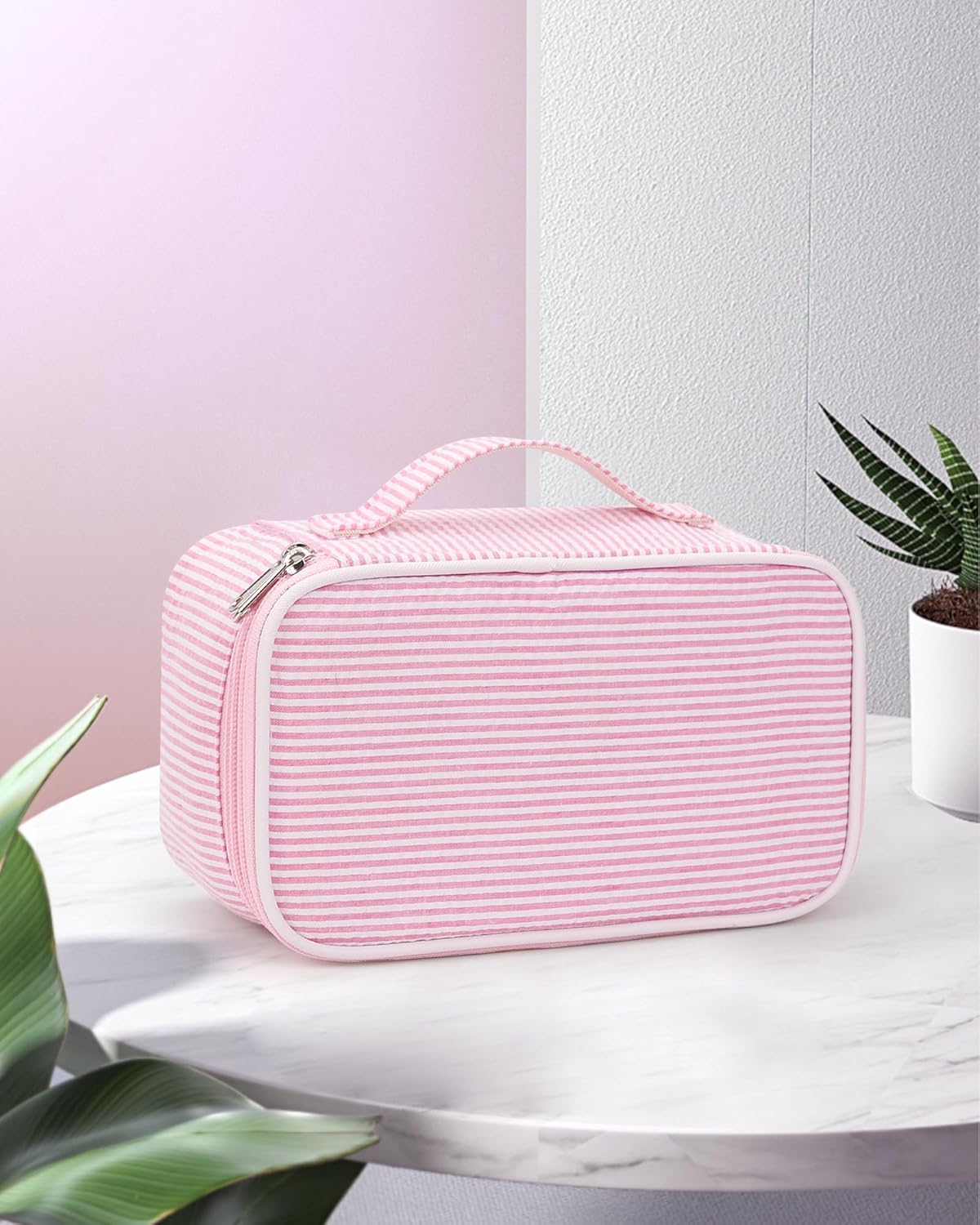 Travel Makeup Bag, Small Floral Cosmetic Bag with Makeup Brush Compartment, Portable Makeup Pouch for Women, Double Layer Makeup Organizer Bag Cute Toiletry Bag
