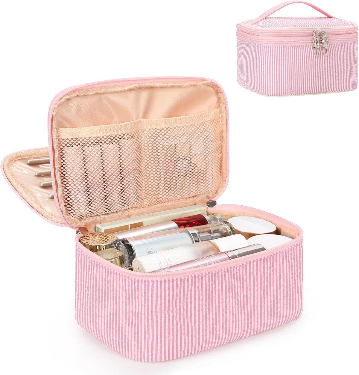 Travel Makeup Bag, Small Floral Cosmetic Bag with Makeup Brush Compartment, Portable Makeup Pouch for Women, Double Layer Makeup Organizer Bag Cute Toiletry Bag