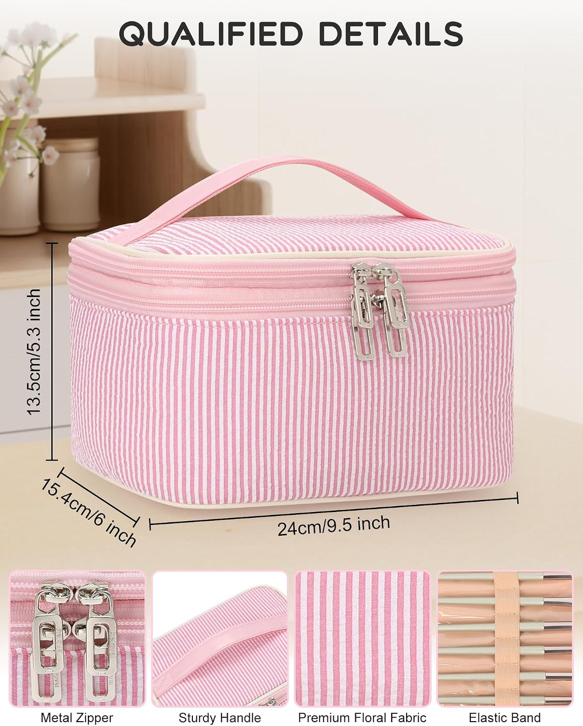Travel Makeup Bag, Small Floral Cosmetic Bag with Makeup Brush Compartment, Portable Makeup Pouch for Women, Double Layer Makeup Organizer Bag Cute Toiletry Bag