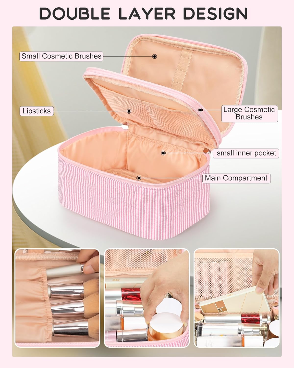 Travel Makeup Bag, Small Floral Cosmetic Bag with Makeup Brush Compartment, Portable Makeup Pouch for Women, Double Layer Makeup Organizer Bag Cute Toiletry Bag