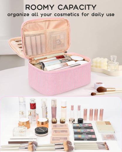 Travel Makeup Bag, Small Floral Cosmetic Bag with Makeup Brush Compartment, Portable Makeup Pouch for Women, Double Layer Makeup Organizer Bag Cute Toiletry Bag