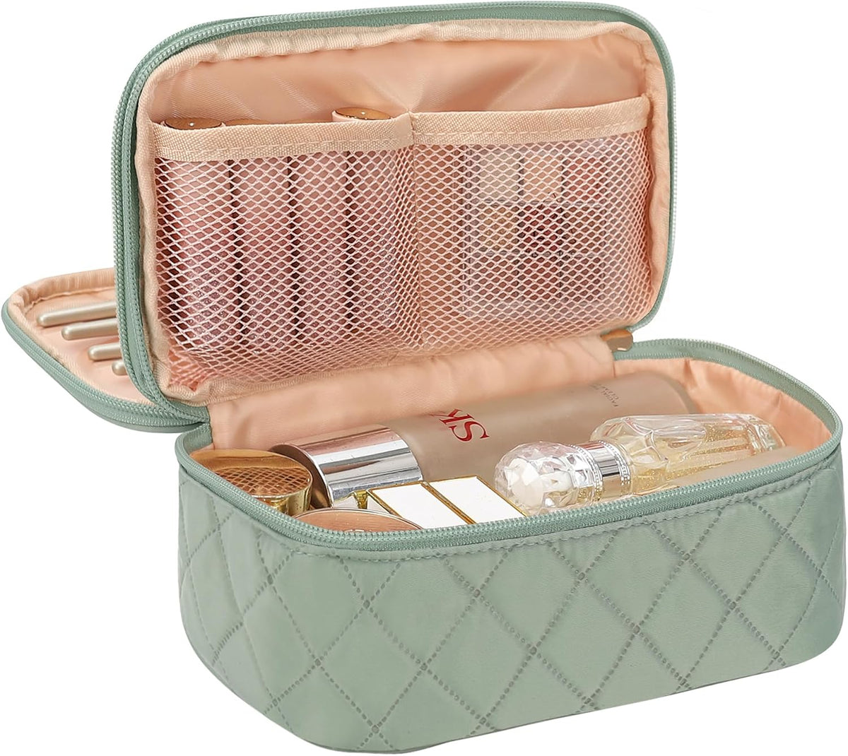 Travel Makeup Bag, Small Floral Cosmetic Bag with Makeup Brush Compartment, Portable Makeup Pouch for Women, Double Layer Makeup Organizer Bag Cute Toiletry Bag