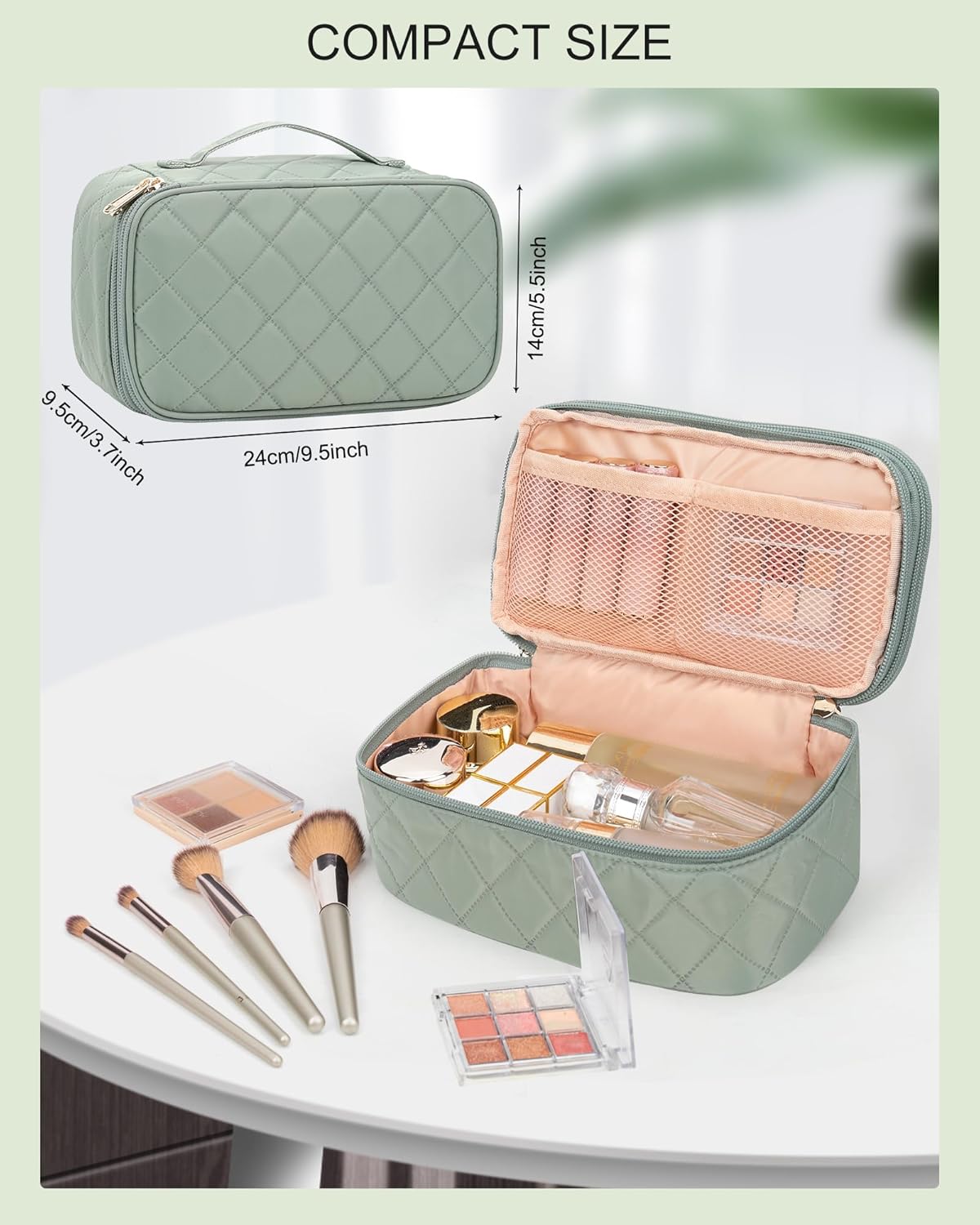 Travel Makeup Bag, Small Floral Cosmetic Bag with Makeup Brush Compartment, Portable Makeup Pouch for Women, Double Layer Makeup Organizer Bag Cute Toiletry Bag
