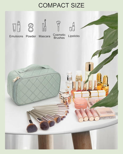 Travel Makeup Bag, Small Floral Cosmetic Bag with Makeup Brush Compartment, Portable Makeup Pouch for Women, Double Layer Makeup Organizer Bag Cute Toiletry Bag