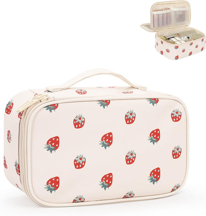 Travel Makeup Bag, Small Floral Cosmetic Bag with Makeup Brush Compartment, Portable Makeup Pouch for Women, Double Layer Makeup Organizer Bag Cute Toiletry Bag