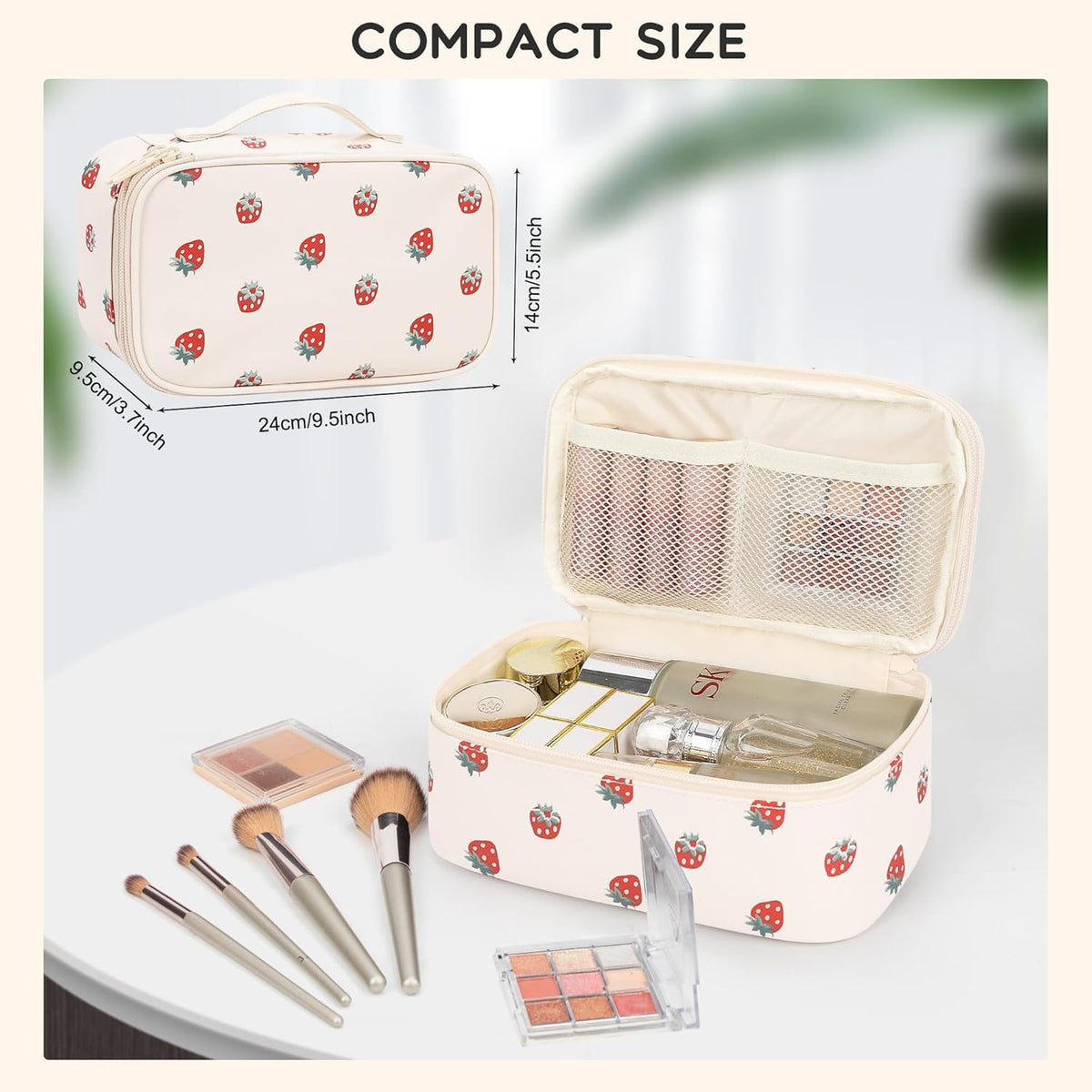Travel Makeup Bag, Small Floral Cosmetic Bag with Makeup Brush Compartment, Portable Makeup Pouch for Women, Double Layer Makeup Organizer Bag Cute Toiletry Bag