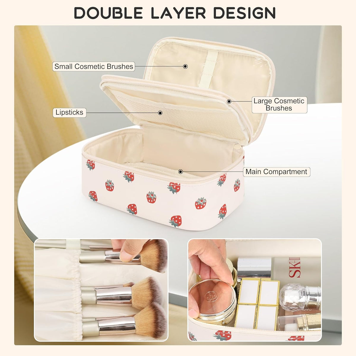 Travel Makeup Bag, Small Floral Cosmetic Bag with Makeup Brush Compartment, Portable Makeup Pouch for Women, Double Layer Makeup Organizer Bag Cute Toiletry Bag