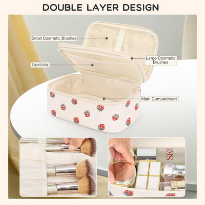 Travel Makeup Bag, Small Floral Cosmetic Bag with Makeup Brush Compartment, Portable Makeup Pouch for Women, Double Layer Makeup Organizer Bag Cute Toiletry Bag