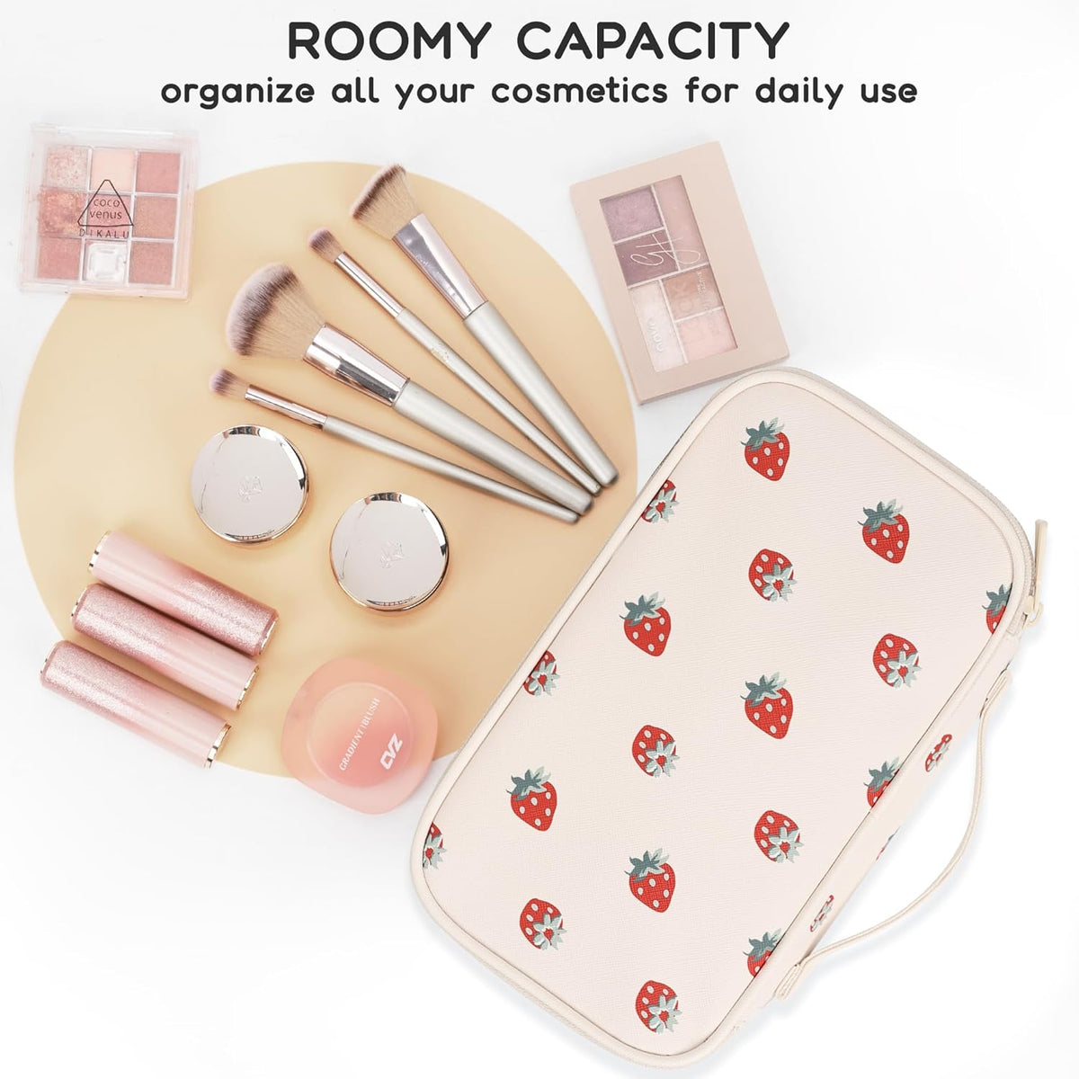 Travel Makeup Bag, Small Floral Cosmetic Bag with Makeup Brush Compartment, Portable Makeup Pouch for Women, Double Layer Makeup Organizer Bag Cute Toiletry Bag