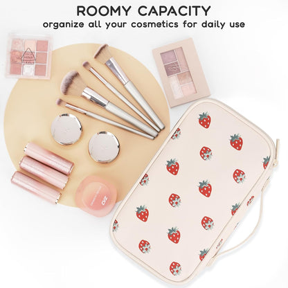 Travel Makeup Bag, Small Floral Cosmetic Bag with Makeup Brush Compartment, Portable Makeup Pouch for Women, Double Layer Makeup Organizer Bag Cute Toiletry Bag