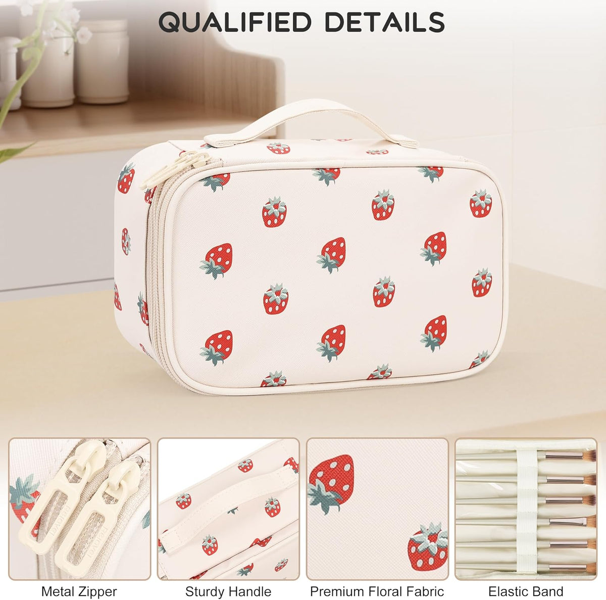 Travel Makeup Bag, Small Floral Cosmetic Bag with Makeup Brush Compartment, Portable Makeup Pouch for Women, Double Layer Makeup Organizer Bag Cute Toiletry Bag