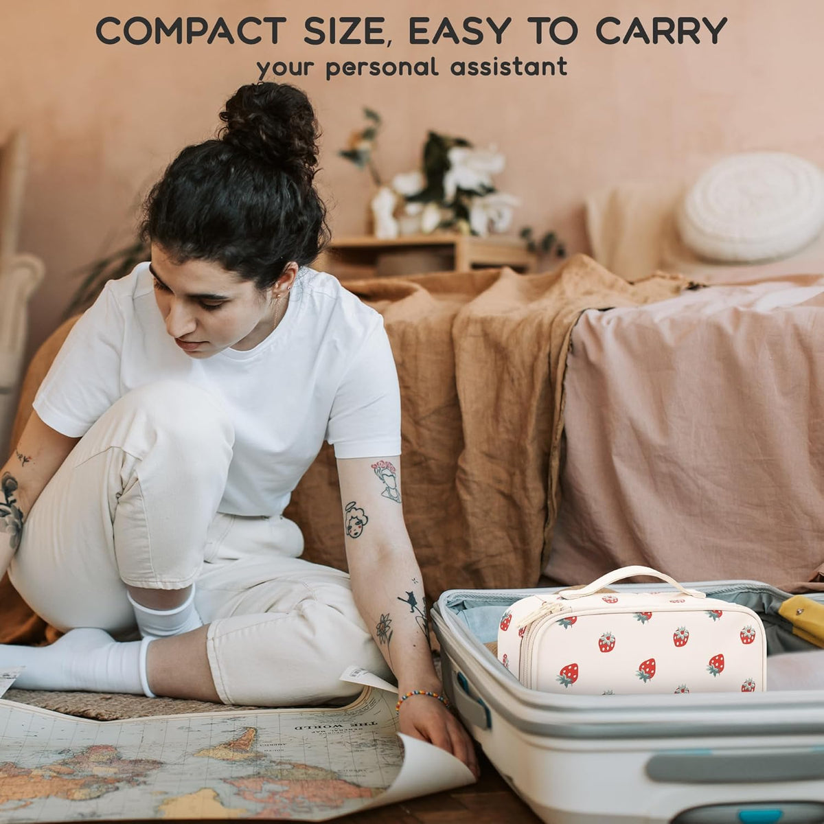 Travel Makeup Bag, Small Floral Cosmetic Bag with Makeup Brush Compartment, Portable Makeup Pouch for Women, Double Layer Makeup Organizer Bag Cute Toiletry Bag