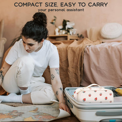 Travel Makeup Bag, Small Floral Cosmetic Bag with Makeup Brush Compartment, Portable Makeup Pouch for Women, Double Layer Makeup Organizer Bag Cute Toiletry Bag