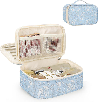 Travel Makeup Bag, Small Floral Cosmetic Bag with Makeup Brush Compartment, Portable Makeup Pouch for Women, Double Layer Makeup Organizer Bag Cute Toiletry Bag