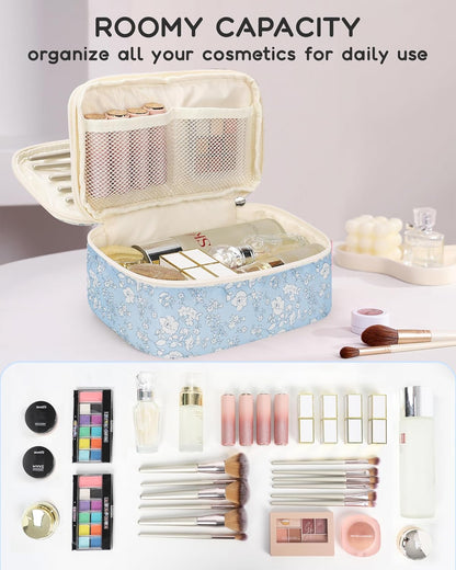 Travel Makeup Bag, Small Floral Cosmetic Bag with Makeup Brush Compartment, Portable Makeup Pouch for Women, Double Layer Makeup Organizer Bag Cute Toiletry Bag