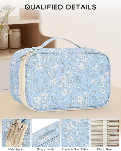 Travel Makeup Bag, Small Floral Cosmetic Bag with Makeup Brush Compartment, Portable Makeup Pouch for Women, Double Layer Makeup Organizer Bag Cute Toiletry Bag
