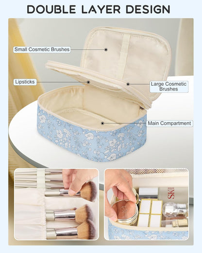 Travel Makeup Bag, Small Floral Cosmetic Bag with Makeup Brush Compartment, Portable Makeup Pouch for Women, Double Layer Makeup Organizer Bag Cute Toiletry Bag