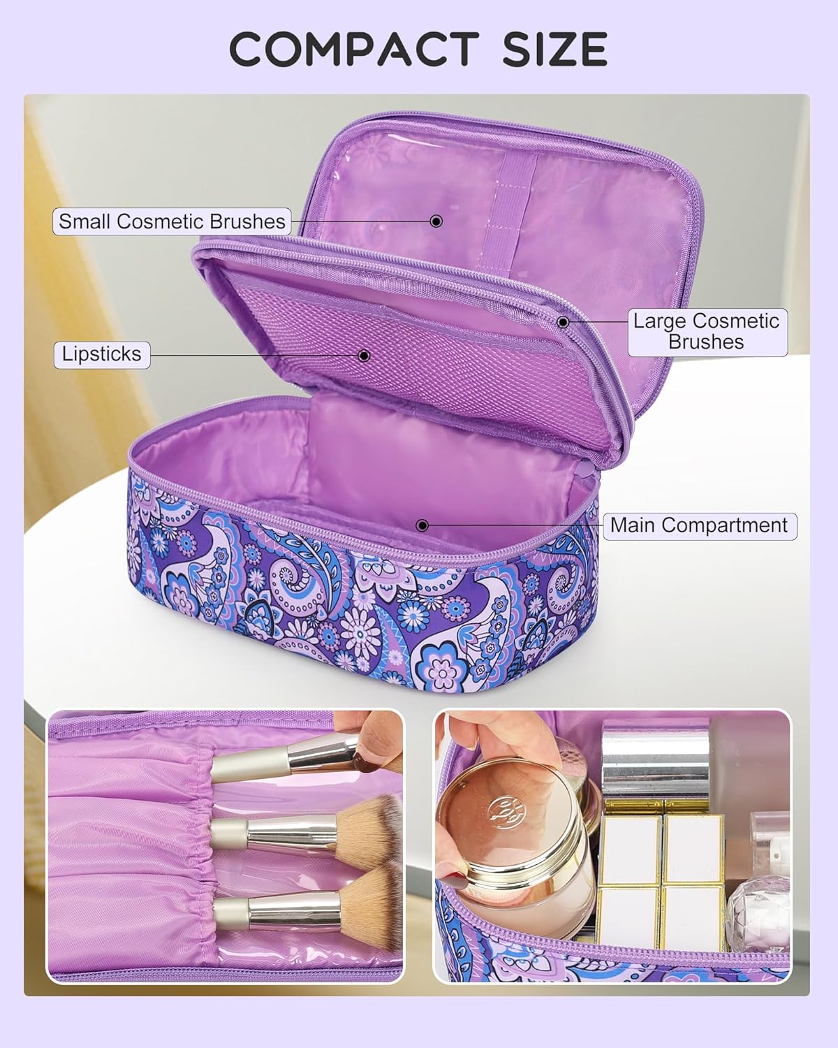 Travel Makeup Bag, Small Floral Cosmetic Bag with Makeup Brush Compartment, Portable Makeup Pouch for Women, Double Layer Makeup Organizer Bag Cute Toiletry Bag