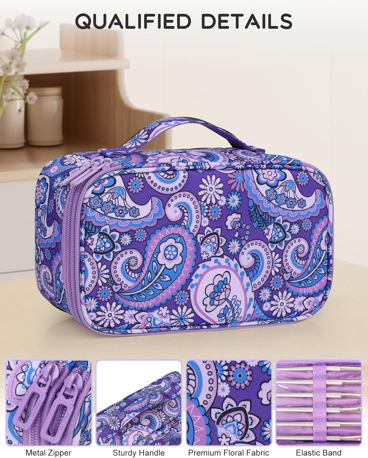 Travel Makeup Bag, Small Floral Cosmetic Bag with Makeup Brush Compartment, Portable Makeup Pouch for Women, Double Layer Makeup Organizer Bag Cute Toiletry Bag