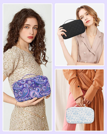 Travel Makeup Bag, Small Floral Cosmetic Bag with Makeup Brush Compartment, Portable Makeup Pouch for Women, Double Layer Makeup Organizer Bag Cute Toiletry Bag