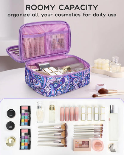 Travel Makeup Bag, Small Floral Cosmetic Bag with Makeup Brush Compartment, Portable Makeup Pouch for Women, Double Layer Makeup Organizer Bag Cute Toiletry Bag