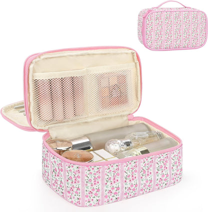Travel Makeup Bag, Small Floral Cosmetic Bag with Makeup Brush Compartment, Portable Makeup Pouch for Women, Double Layer Makeup Organizer Bag Cute Toiletry Bag