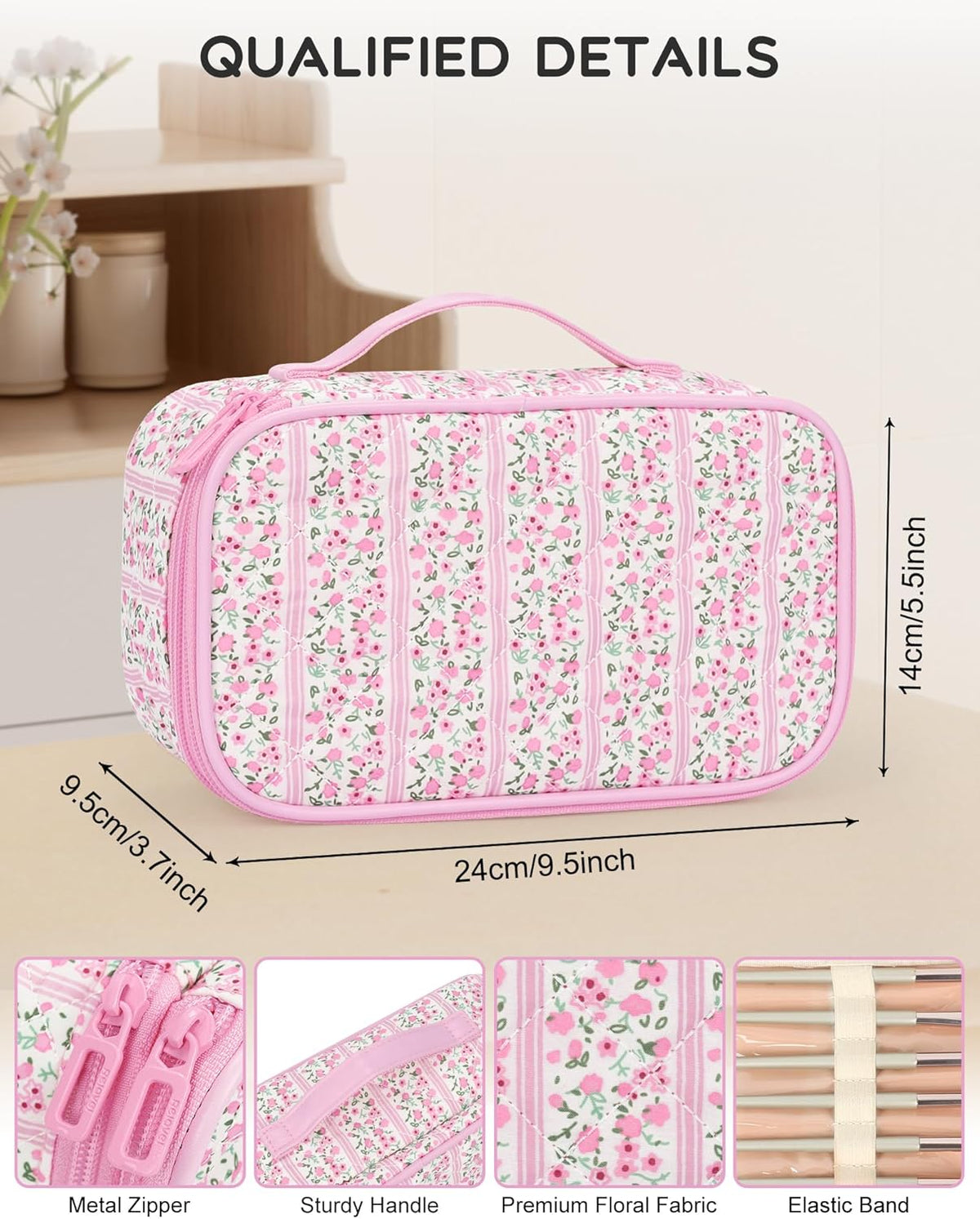 Travel Makeup Bag, Small Floral Cosmetic Bag with Makeup Brush Compartment, Portable Makeup Pouch for Women, Double Layer Makeup Organizer Bag Cute Toiletry Bag
