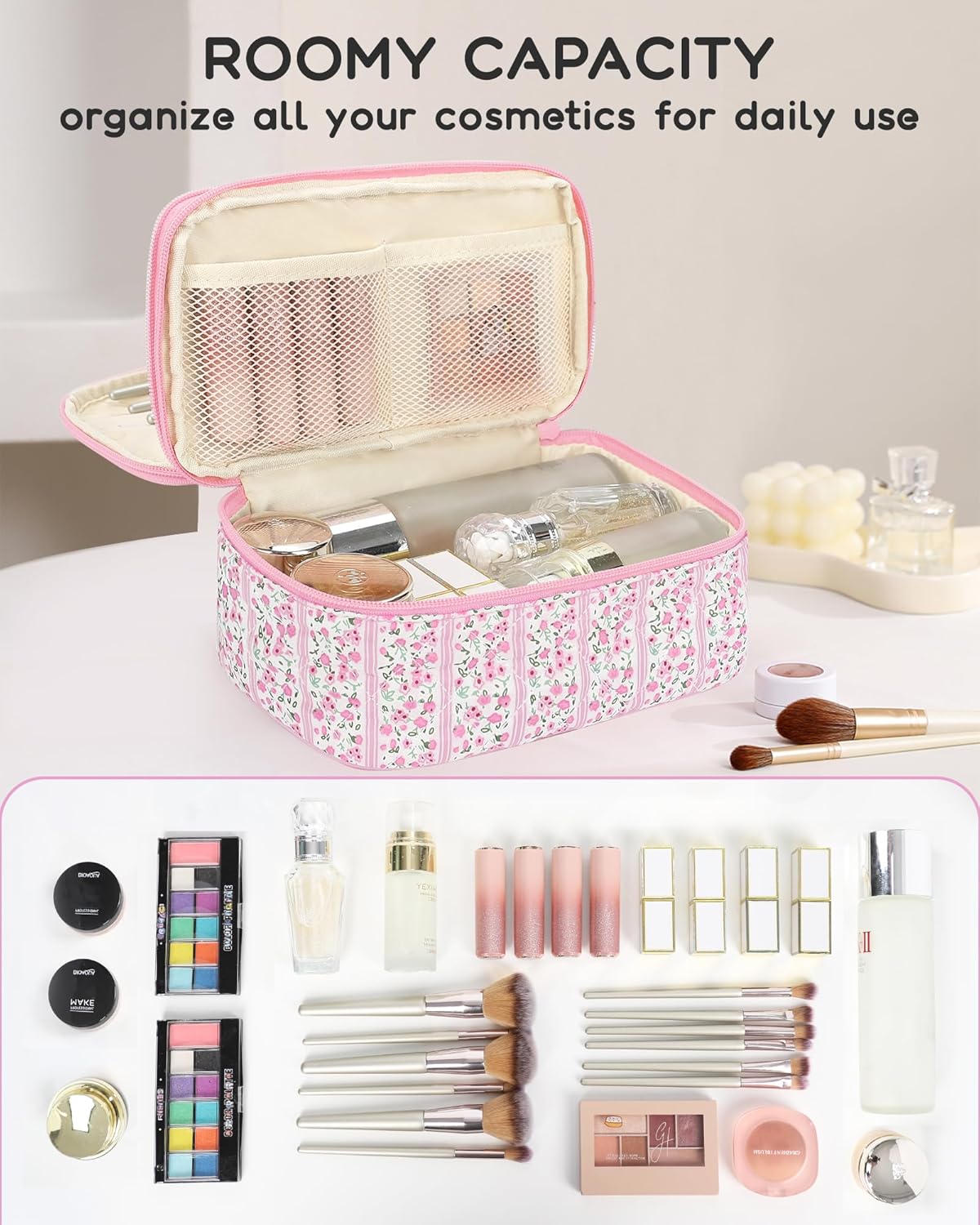 Travel Makeup Bag, Small Floral Cosmetic Bag with Makeup Brush Compartment, Portable Makeup Pouch for Women, Double Layer Makeup Organizer Bag Cute Toiletry Bag