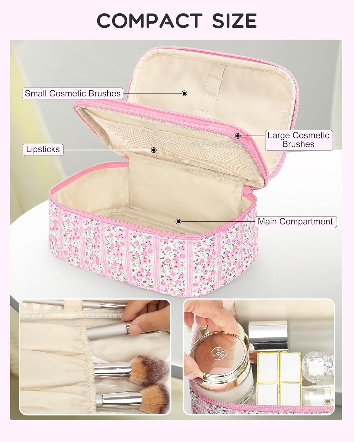Travel Makeup Bag, Small Floral Cosmetic Bag with Makeup Brush Compartment, Portable Makeup Pouch for Women, Double Layer Makeup Organizer Bag Cute Toiletry Bag