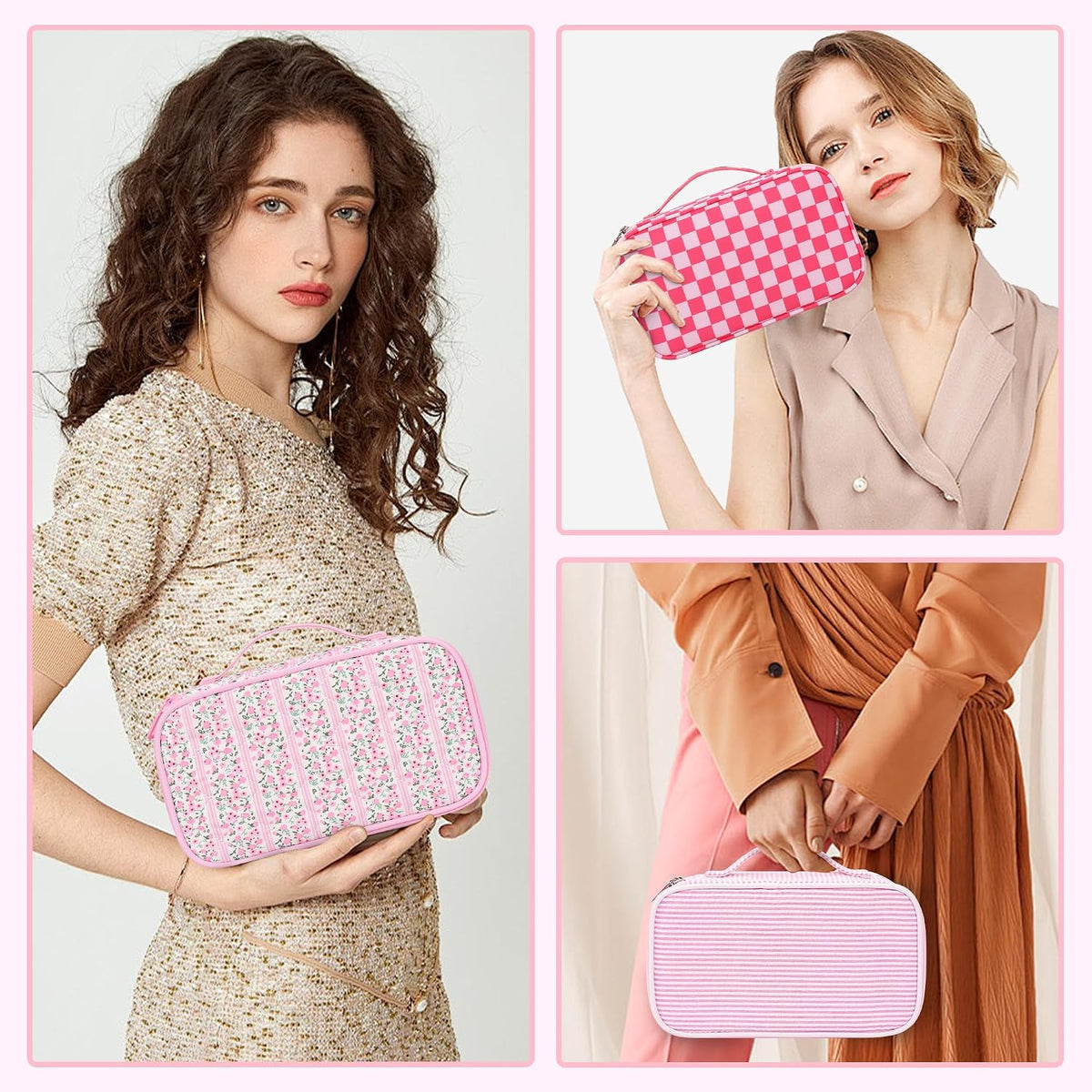 Travel Makeup Bag, Small Floral Cosmetic Bag with Makeup Brush Compartment, Portable Makeup Pouch for Women, Double Layer Makeup Organizer Bag Cute Toiletry Bag