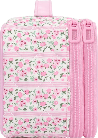 Travel Makeup Bag, Small Floral Cosmetic Bag with Makeup Brush Compartment, Portable Makeup Pouch for Women, Double Layer Makeup Organizer Bag Cute Toiletry Bag