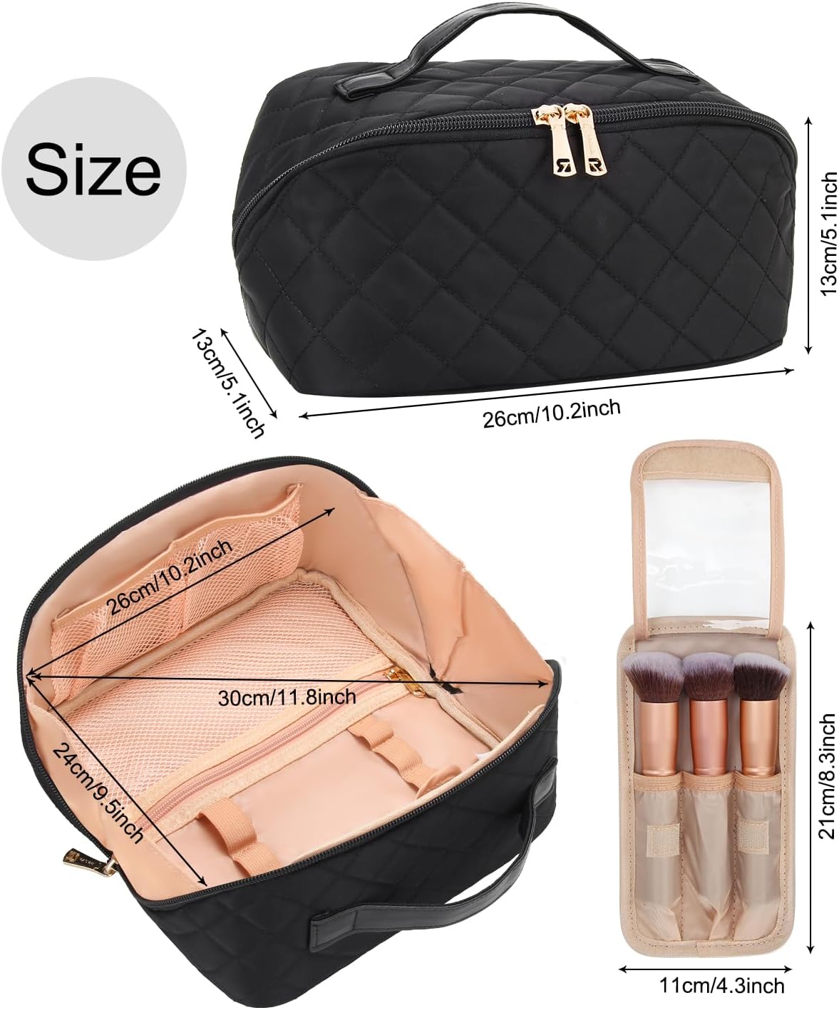 Travel Makeup Bag, Small Floral Cosmetic Bag with Makeup Brush Compartment, Portable Makeup Pouch for Women, Double Layer Makeup Organizer Bag Cute Toiletry Bag