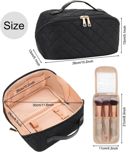 Travel Makeup Bag, Small Floral Cosmetic Bag with Makeup Brush Compartment, Portable Makeup Pouch for Women, Double Layer Makeup Organizer Bag Cute Toiletry Bag