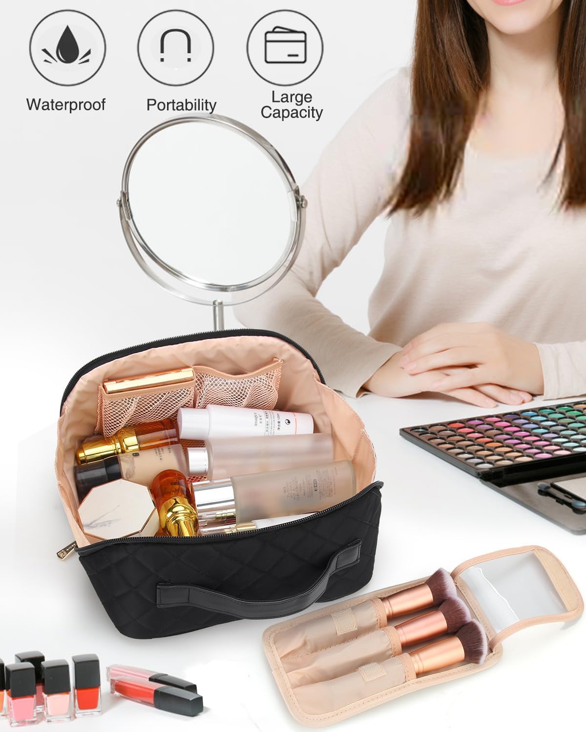 Travel Makeup Bag, Small Floral Cosmetic Bag with Makeup Brush Compartment, Portable Makeup Pouch for Women, Double Layer Makeup Organizer Bag Cute Toiletry Bag