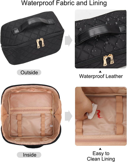 Travel Makeup Bag, Small Floral Cosmetic Bag with Makeup Brush Compartment, Portable Makeup Pouch for Women, Double Layer Makeup Organizer Bag Cute Toiletry Bag