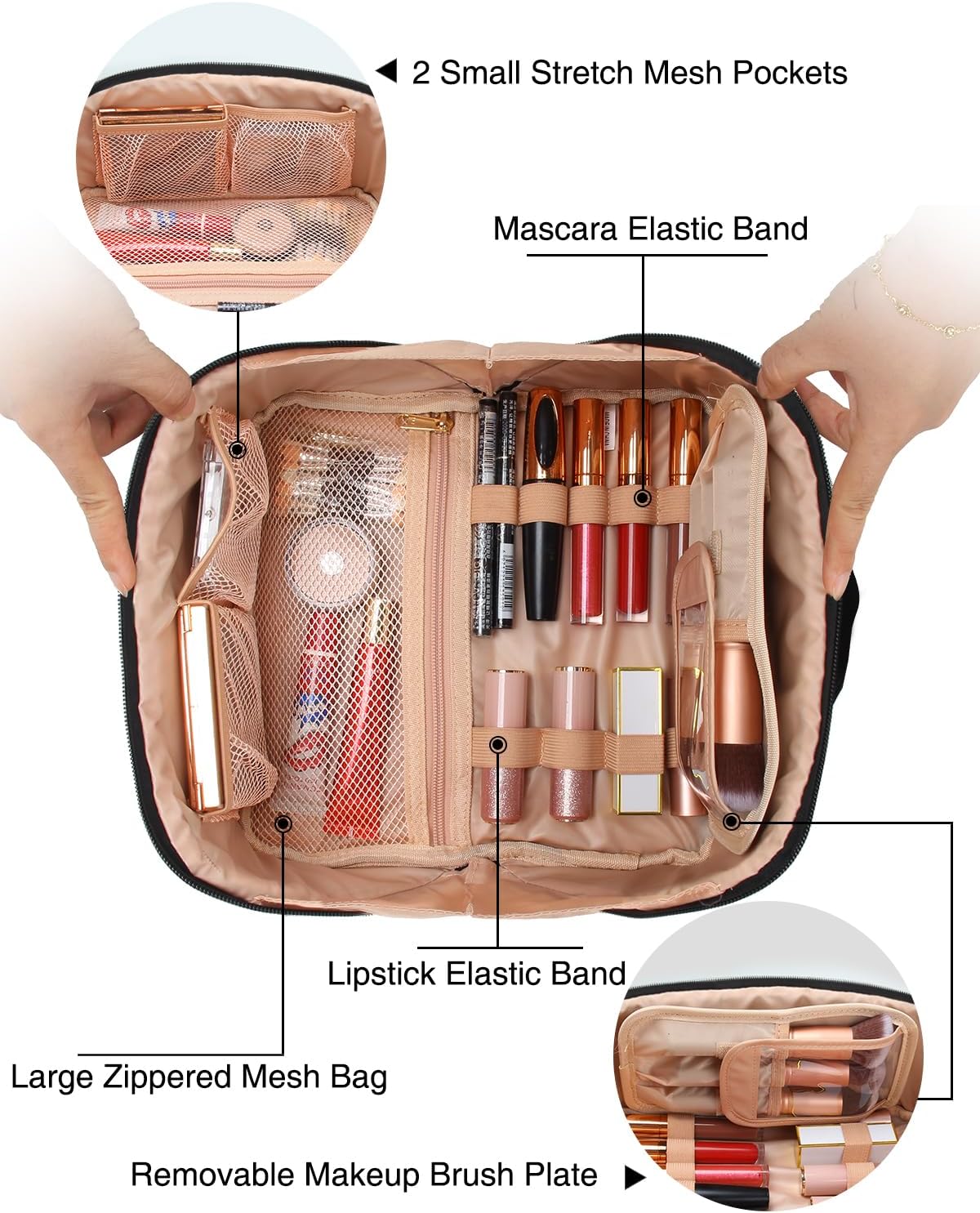 Travel Makeup Bag, Small Floral Cosmetic Bag with Makeup Brush Compartment, Portable Makeup Pouch for Women, Double Layer Makeup Organizer Bag Cute Toiletry Bag