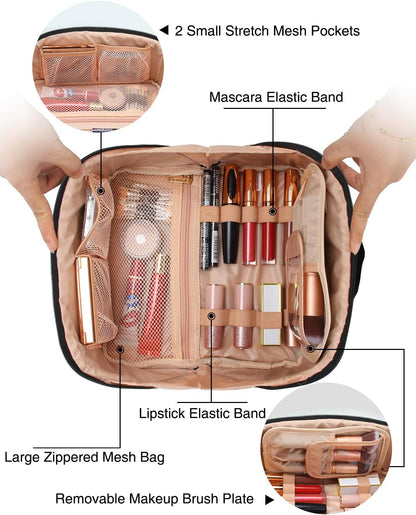 Travel Makeup Bag, Small Floral Cosmetic Bag with Makeup Brush Compartment, Portable Makeup Pouch for Women, Double Layer Makeup Organizer Bag Cute Toiletry Bag
