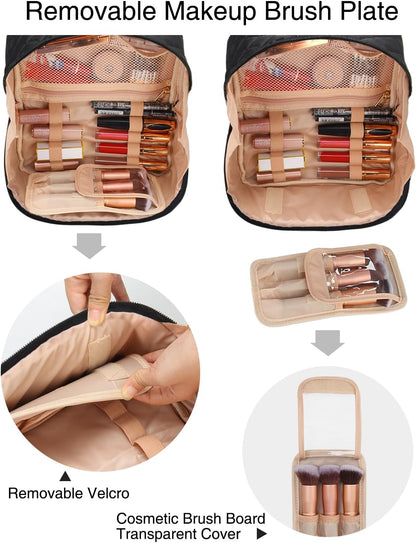 Travel Makeup Bag, Small Floral Cosmetic Bag with Makeup Brush Compartment, Portable Makeup Pouch for Women, Double Layer Makeup Organizer Bag Cute Toiletry Bag