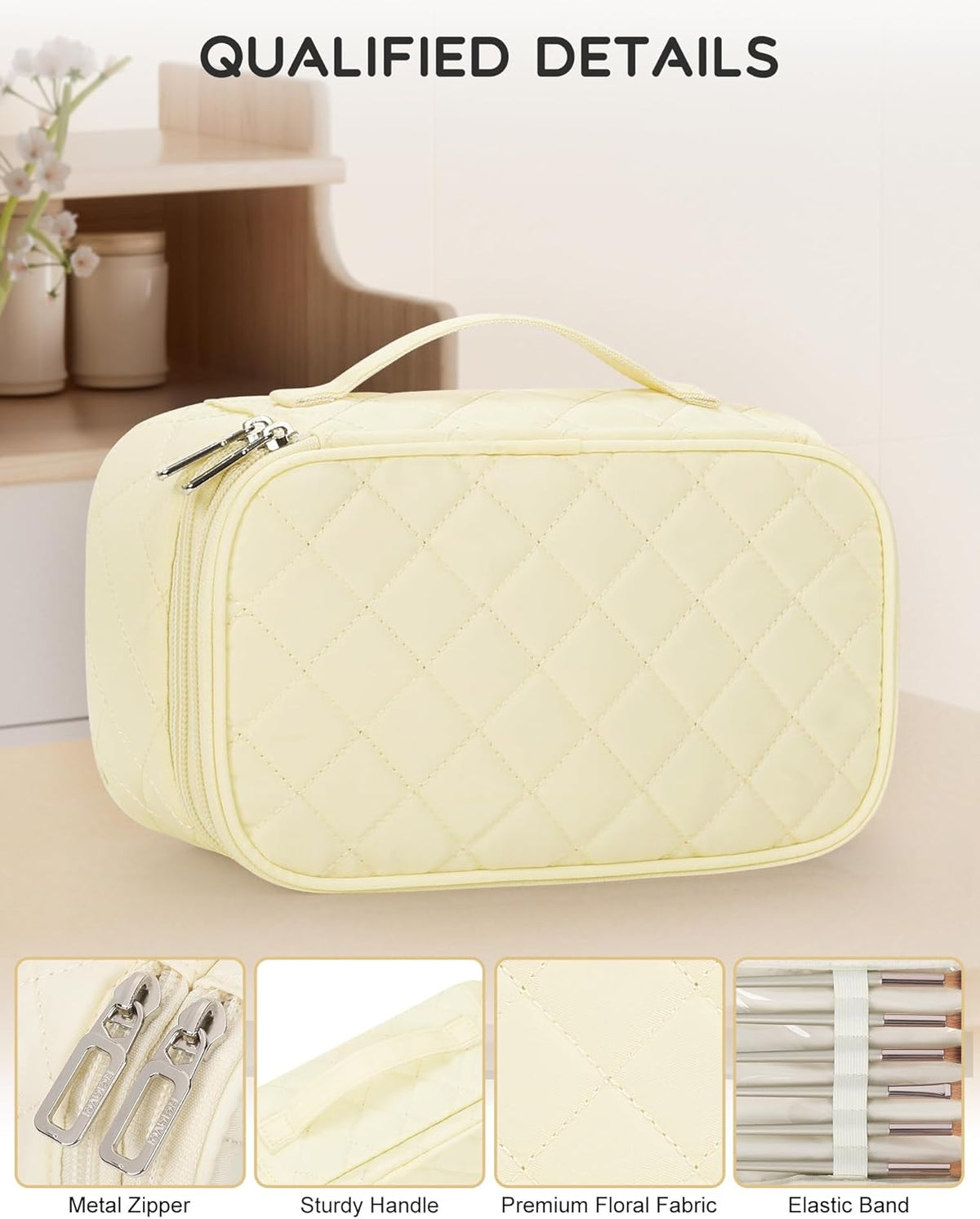 Travel Makeup Bag, Small Floral Cosmetic Bag with Makeup Brush Compartment, Portable Makeup Pouch for Women, Double Layer Makeup Organizer Bag Cute Toiletry Bag