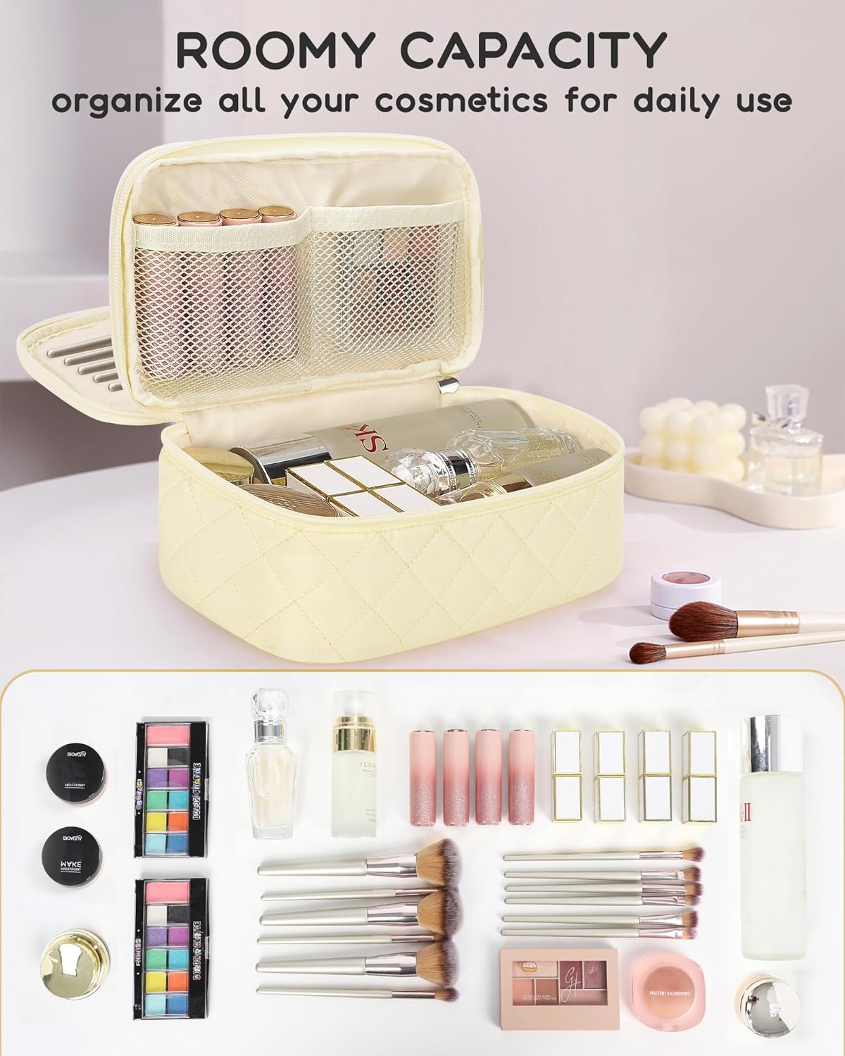 Travel Makeup Bag, Small Floral Cosmetic Bag with Makeup Brush Compartment, Portable Makeup Pouch for Women, Double Layer Makeup Organizer Bag Cute Toiletry Bag