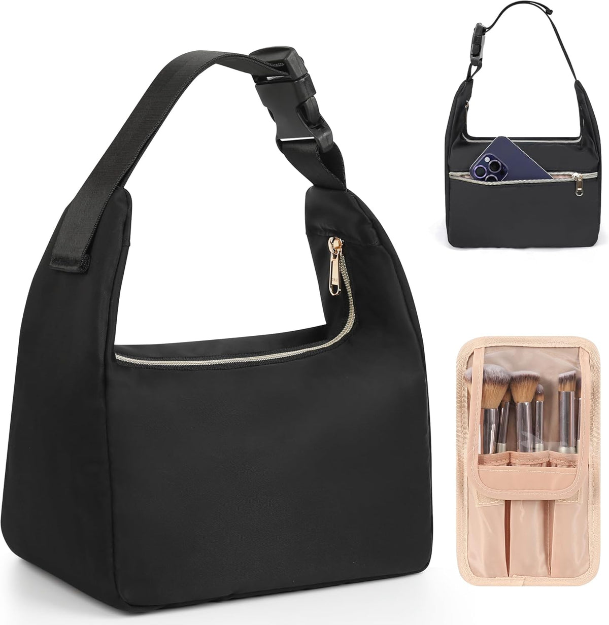 Travel Makeup Bag, Small Floral Cosmetic Bag with Makeup Brush Compartment, Portable Makeup Pouch for Women, Double Layer Makeup Organizer Bag Cute Toiletry Bag