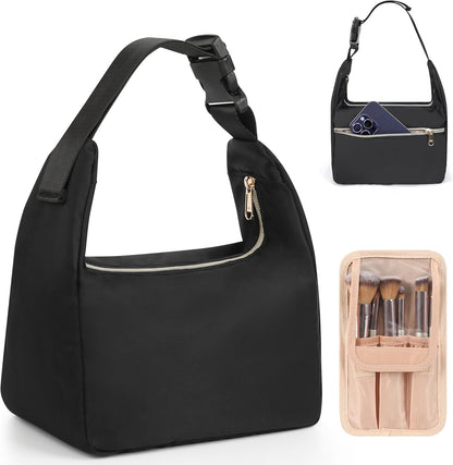 Travel Makeup Bag, Small Floral Cosmetic Bag with Makeup Brush Compartment, Portable Makeup Pouch for Women, Double Layer Makeup Organizer Bag Cute Toiletry Bag