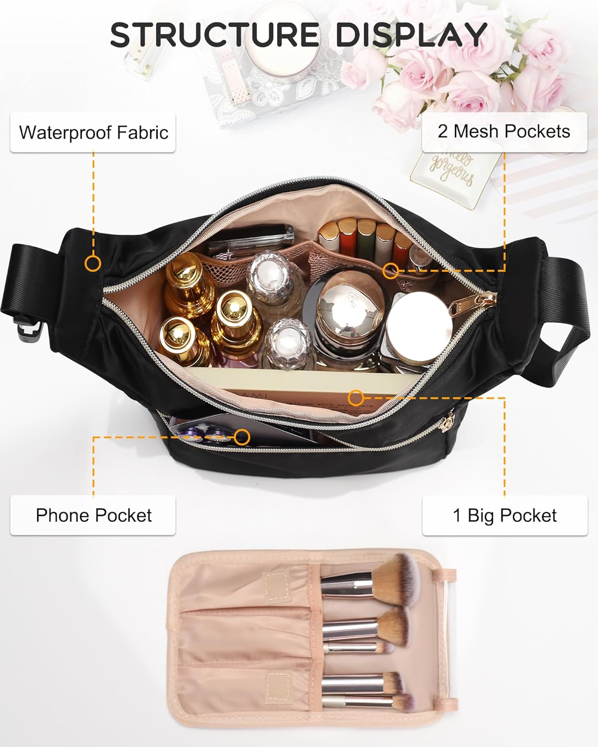 Travel Makeup Bag, Small Floral Cosmetic Bag with Makeup Brush Compartment, Portable Makeup Pouch for Women, Double Layer Makeup Organizer Bag Cute Toiletry Bag