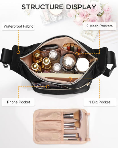 Travel Makeup Bag, Small Floral Cosmetic Bag with Makeup Brush Compartment, Portable Makeup Pouch for Women, Double Layer Makeup Organizer Bag Cute Toiletry Bag