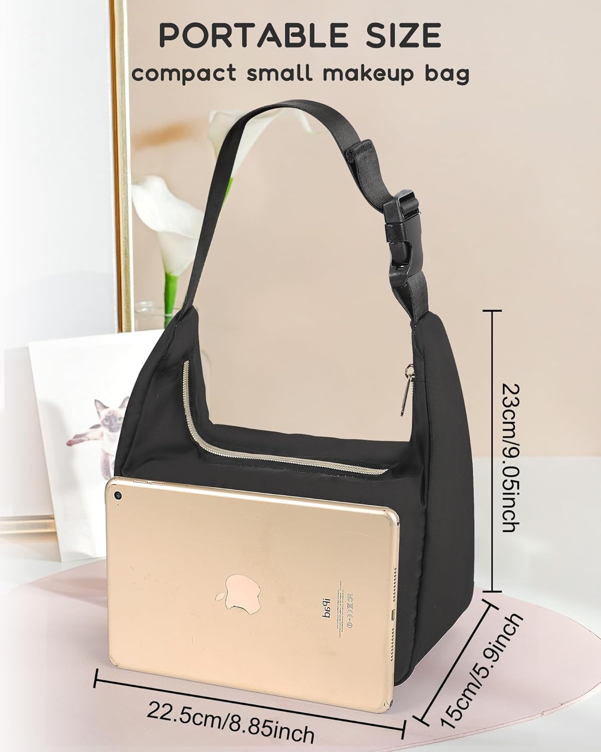 Travel Makeup Bag, Small Floral Cosmetic Bag with Makeup Brush Compartment, Portable Makeup Pouch for Women, Double Layer Makeup Organizer Bag Cute Toiletry Bag