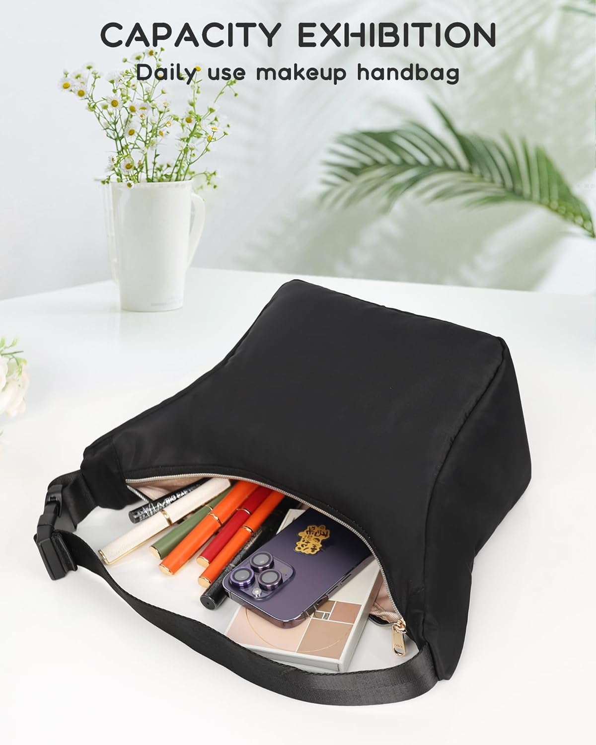 Travel Makeup Bag, Small Floral Cosmetic Bag with Makeup Brush Compartment, Portable Makeup Pouch for Women, Double Layer Makeup Organizer Bag Cute Toiletry Bag