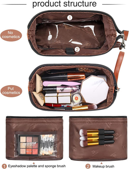 Travel Makeup Bag, Small Floral Cosmetic Bag with Makeup Brush Compartment, Portable Makeup Pouch for Women, Double Layer Makeup Organizer Bag Cute Toiletry Bag