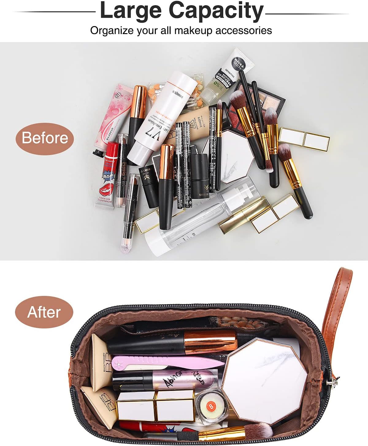 Travel Makeup Bag, Small Floral Cosmetic Bag with Makeup Brush Compartment, Portable Makeup Pouch for Women, Double Layer Makeup Organizer Bag Cute Toiletry Bag